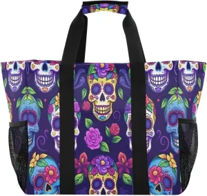 Nander Beautiful Flowers and Skull Foldable Tote Bag Waterproof Sandproof Women Beach Bag Handbag Gym Bag