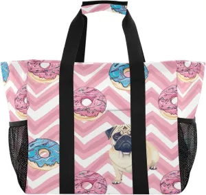 Nander Bulldogs and Donuts Foldable Tote Bag Waterproof Sandproof Women Beach Bag Handbag Gym Bag Travel Shopping Bag
