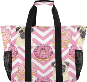 Nander Bulldogs and Donuts Foldable Tote Bag Waterproof Sandproof Women Beach Bag Handbag Gym Bag Travel Shopping Bag