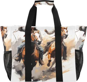 Nander Cowboys Riding Horses Foldable Tote Bag Waterproof Sandproof Women Beach Bag Handbag Gym Bag Travel Shopping Bag