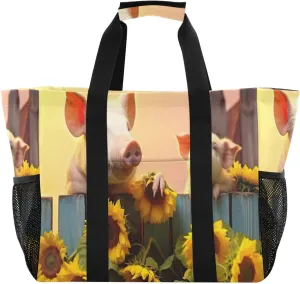 Nander Cute Pigs and Sunflowers Foldable Tote Bag Waterproof Sandproof Women Beach Bag Handbag Gym Bag Travel Shopping Bag