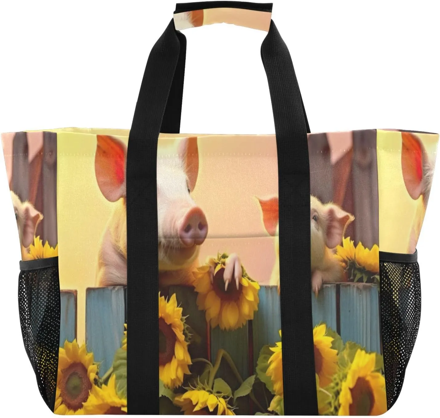Nander Cute Pigs and Sunflowers Foldable Tote Bag Waterproof Sandproof Women Beach Bag Handbag Gym Bag Travel Shopping Bag