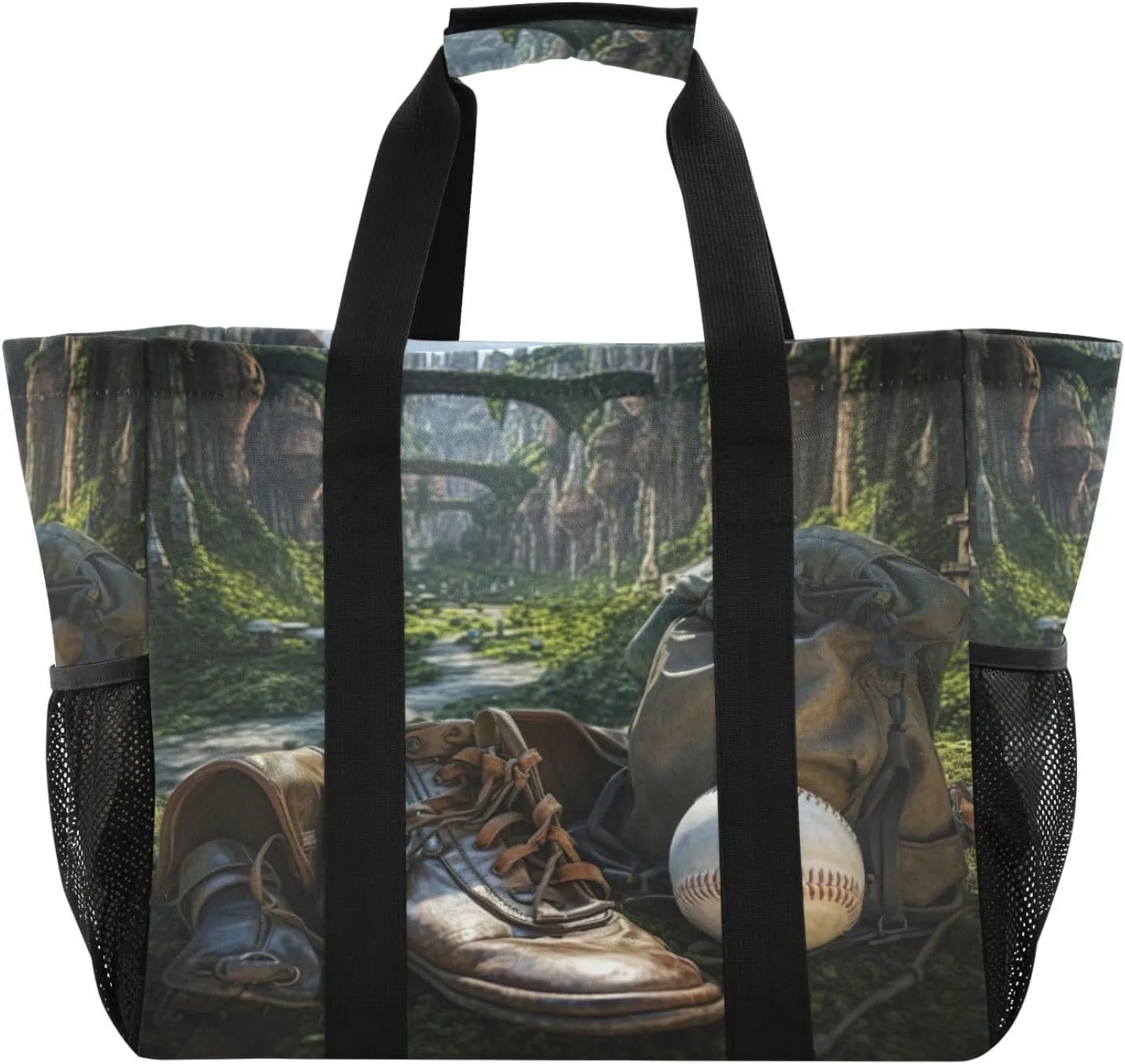Nander Forest Baseball Foldable Tote Bag Waterproof Sandproof Women Beach Bag Handbag Gym Bag Travel Shopping Bag