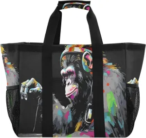 Nander Gorilla Listening To Music Foldable Tote Bag Waterproof Sandproof Women Beach Bag Handbag Gym Bag Travel Shopping Bag