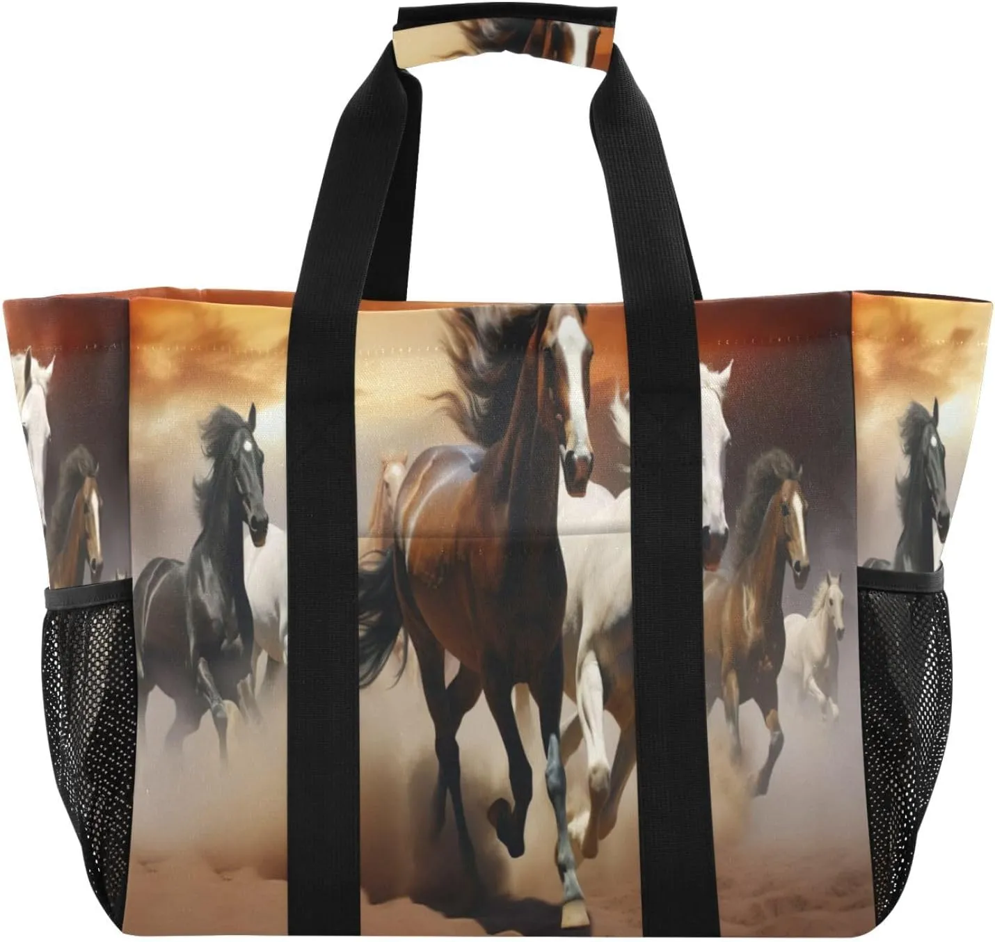 Nander Horses Running in The Desert Foldable Tote Bag Waterproof Sandproof Women Beach Bag Handbag Gym Bag Travel Shopping Bag