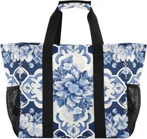 Nander Mexican Style Ceramic Tiles Foldable Tote Bag Waterproof Sandproof Women Beach Bag Handbag Gym Bag Travel Shopping Bag