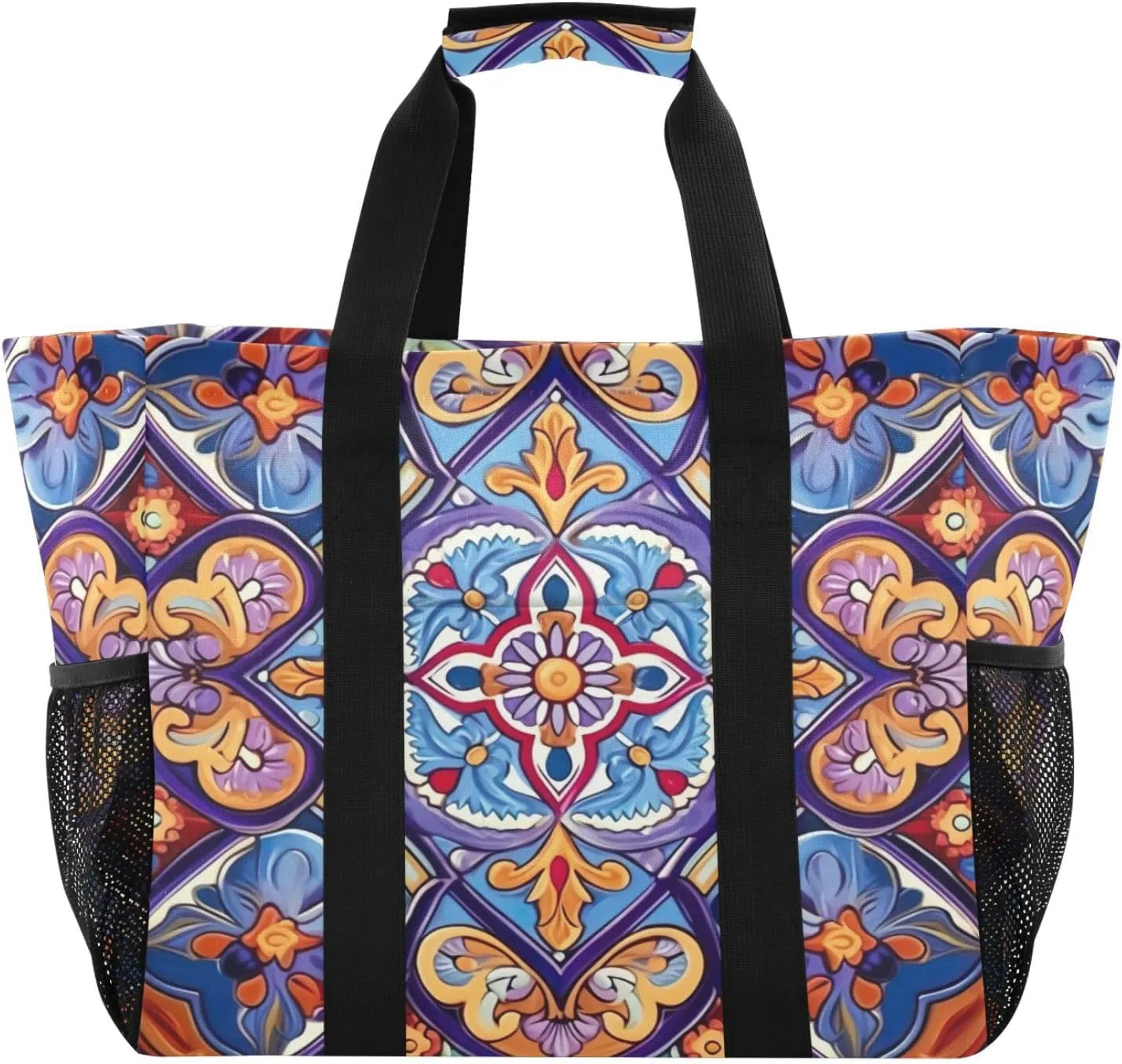 Nander Mexican Style Ceramic Tiles Foldable Tote Bag Waterproof Sandproof Women Beach Bag Handbag Gym Bag Travel Shopping Bag