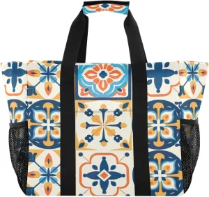 Nander Mexican Style Ceramic Tiles Foldable Tote Bag Waterproof Sandproof Women Beach Bag Handbag Gym Bag Travel Shopping Bag