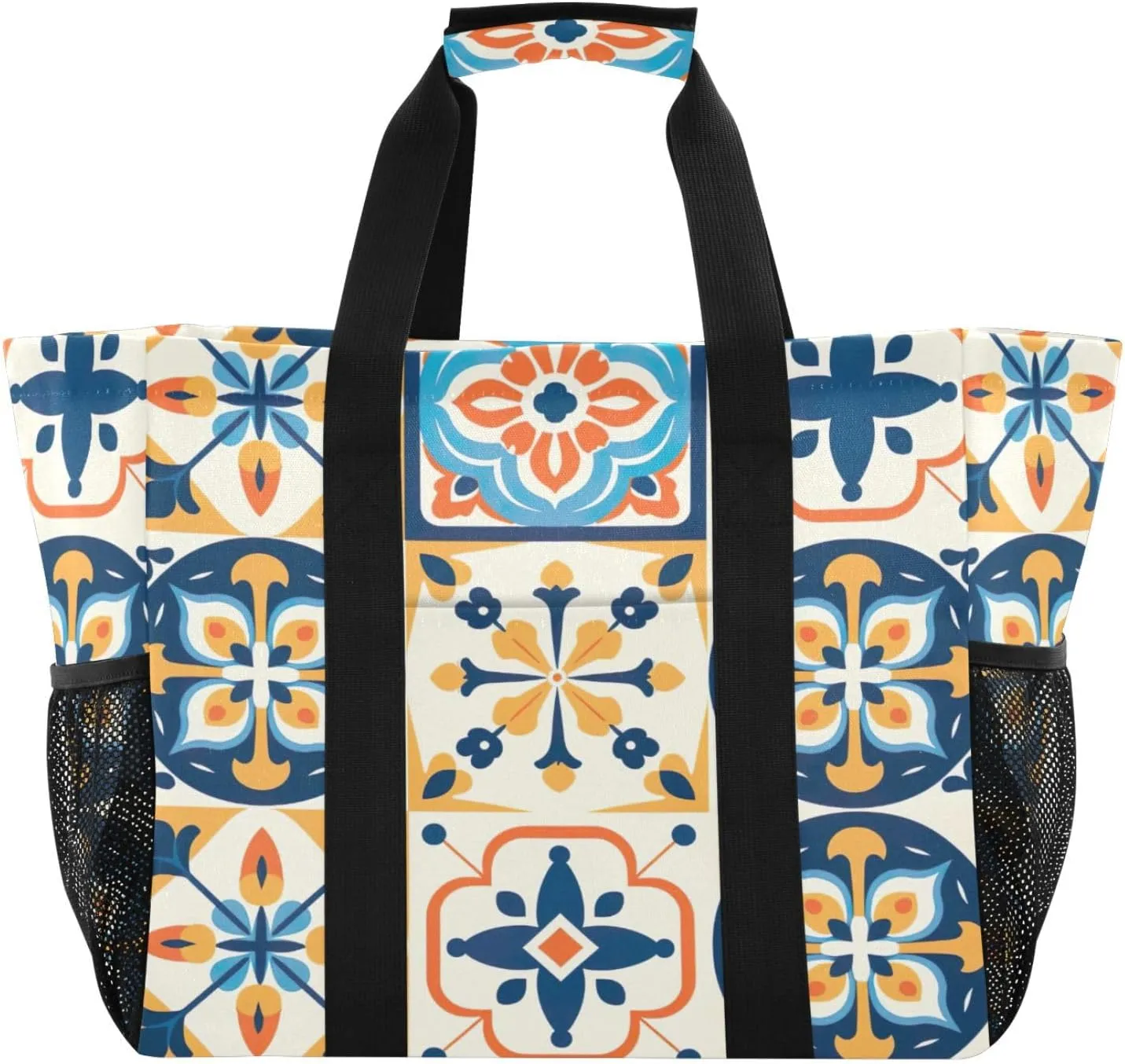 Nander Mexican Style Ceramic Tiles Foldable Tote Bag Waterproof Sandproof Women Beach Bag Handbag Gym Bag Travel Shopping Bag