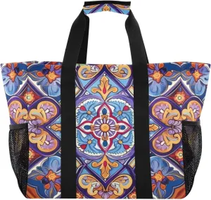 Nander Mexican Style Ceramic Tiles Foldable Tote Bag Waterproof Sandproof Women Beach Bag Handbag Gym Bag Travel Shopping Bag