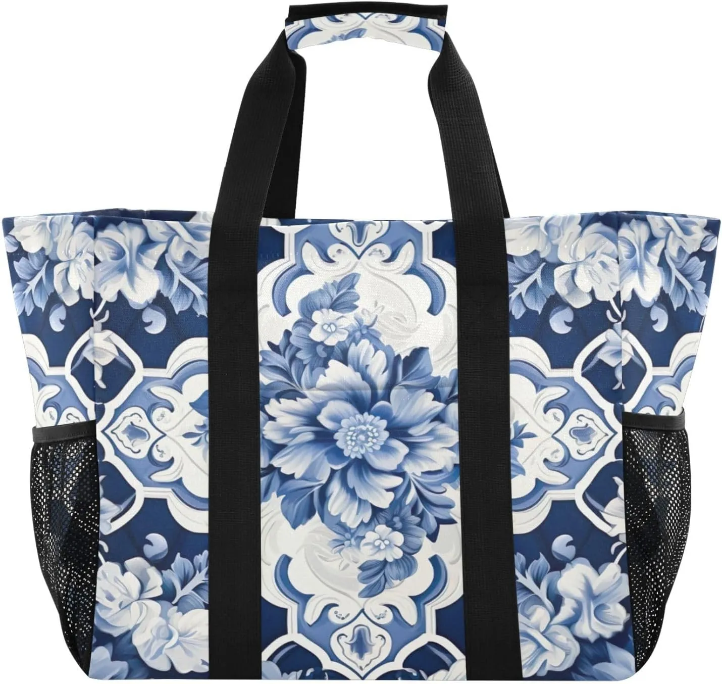 Nander Mexican Style Ceramic Tiles Foldable Tote Bag Waterproof Sandproof Women Beach Bag Handbag Gym Bag Travel Shopping Bag