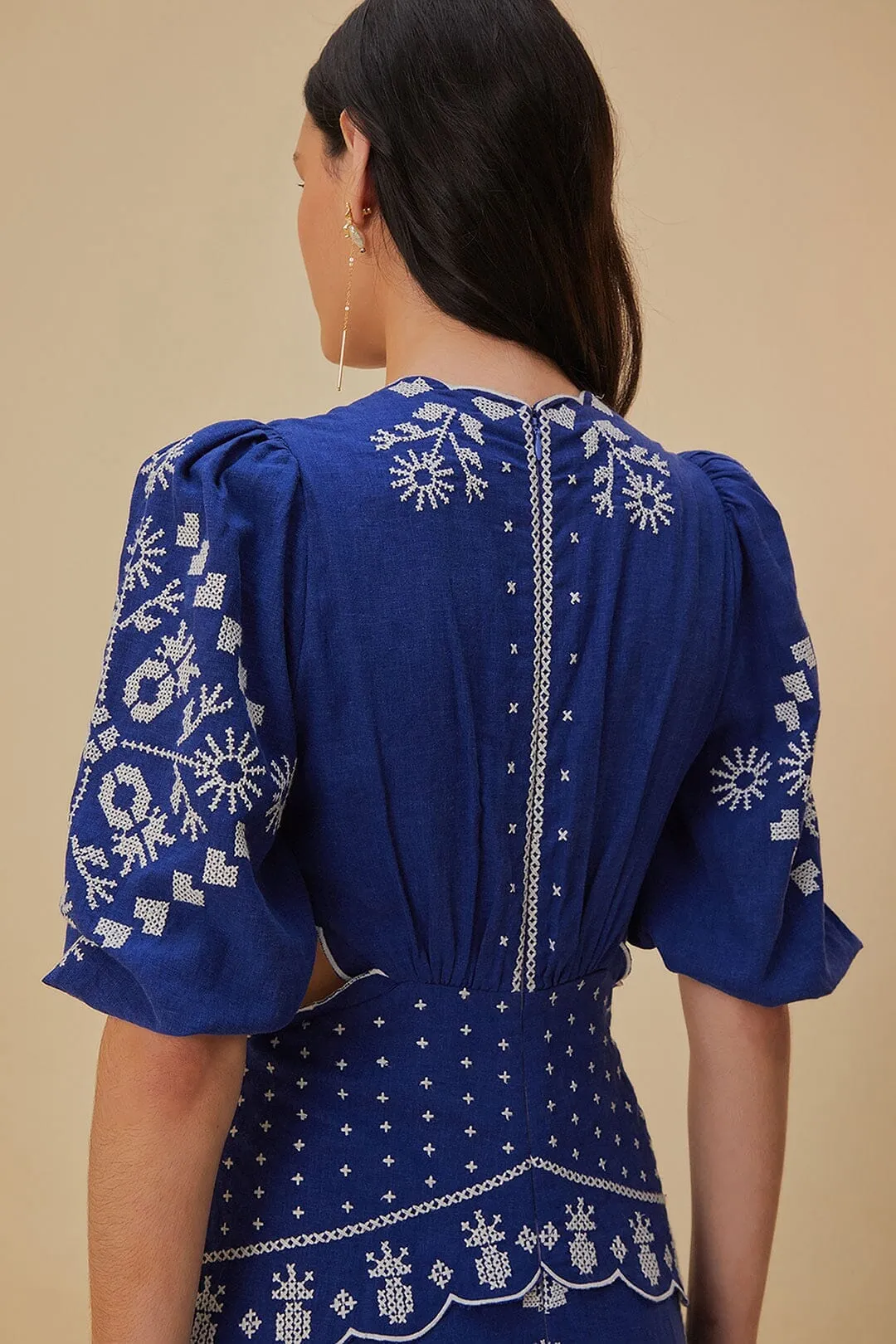 Navy Blue Embroidered Cut-Out Midi Dress