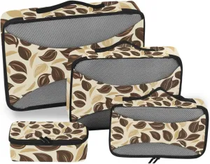 Packing Cubes for Travel 4 Set Coffee Leaves Luggage Set Suitcase Organizer Bags Mesh Accessories Storage Pouch Toiletry Packing Cubes