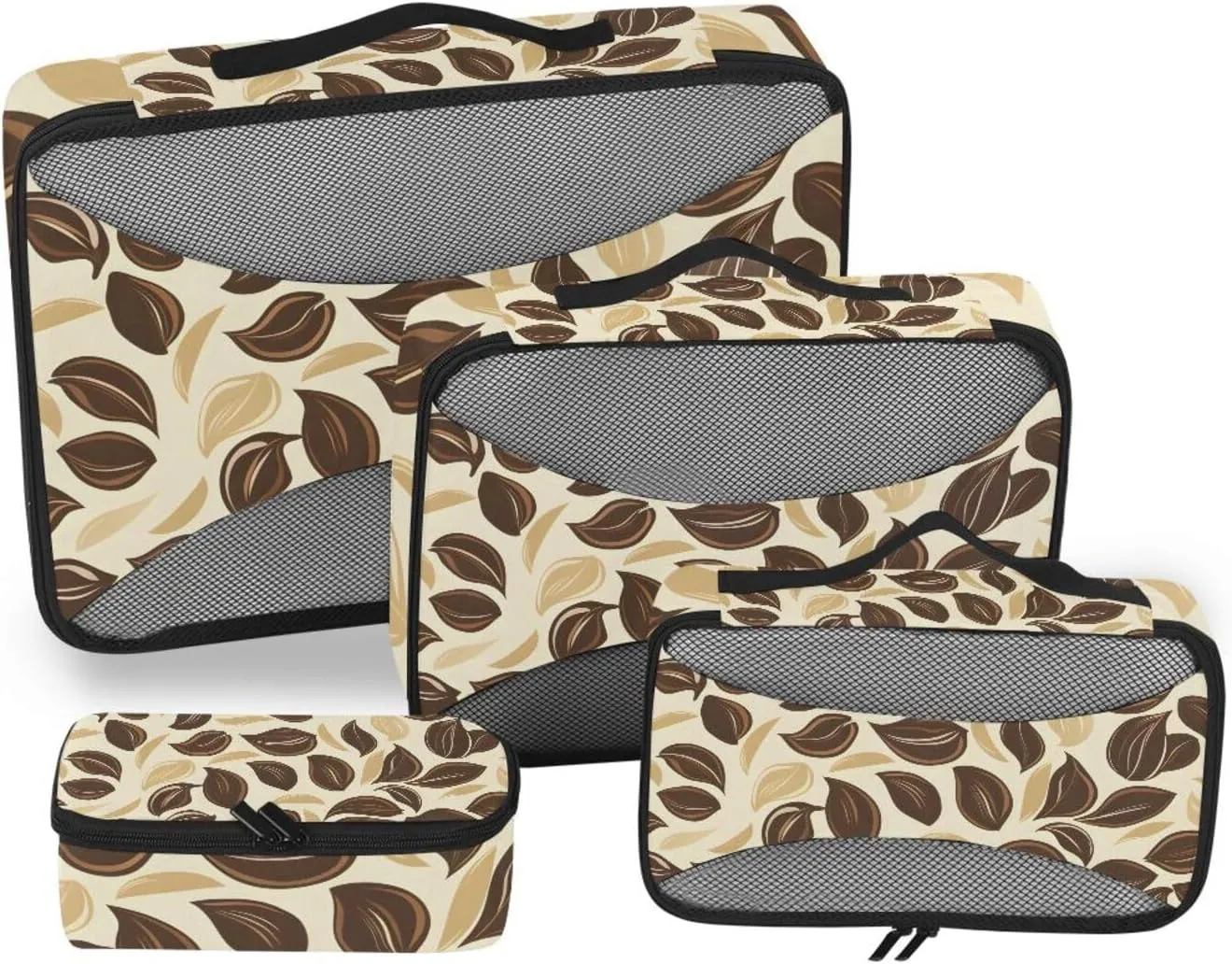 Packing Cubes for Travel 4 Set Coffee Leaves Luggage Set Suitcase Organizer Bags Mesh Accessories Storage Pouch Toiletry Packing Cubes