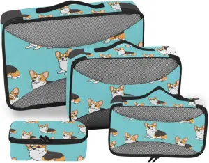 Packing Cubes for Travel 4 Set Corgis Dog Blue Luggage Set Suitcase Organizer Bags Mesh Accessories Storage Pouch Toiletry Packing Cubes
