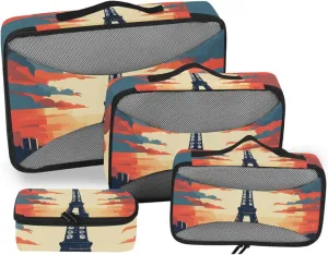 Packing Cubes for Travel 4 Set Vintage Paris Eiffel Tower Luggage Set Suitcase Organizer Bags Mesh Accessories Storage Pouch Toiletry Packing Cubes