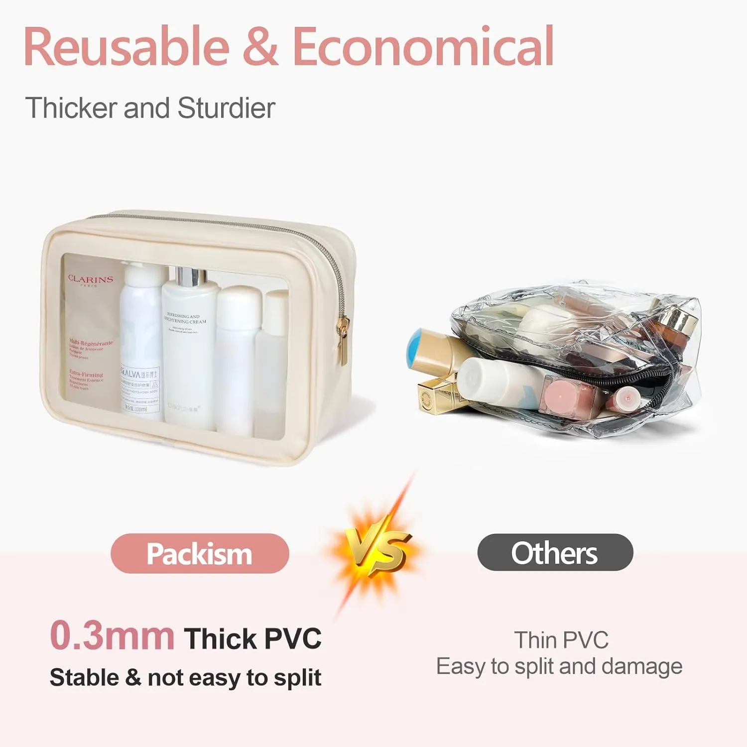 PACKISM Clear Makeup Bag - Soft Plastic Color-Edged TSA Approved Toiletry Bag, Reusable Clear Toiletry Bags with Golden Zipper, Beige