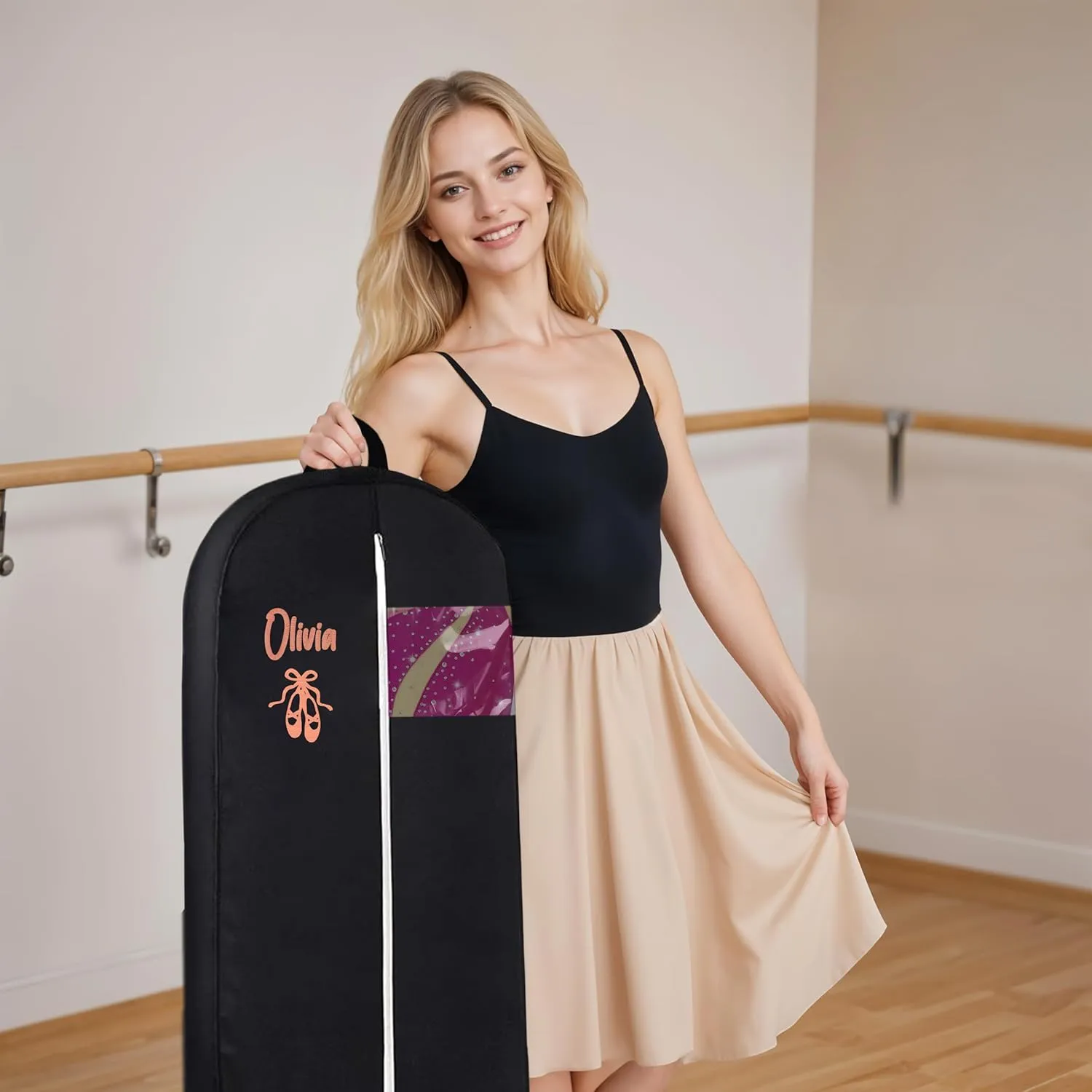 Personalized Garment bag for Hanging Clothes -Embroidered Ballet Dancer Breathable Black Custom Bags With 2 Mesh Pockets for Dancers, Ideal for Dance Customs, Custom Dress Cover Bag with Carry Handle