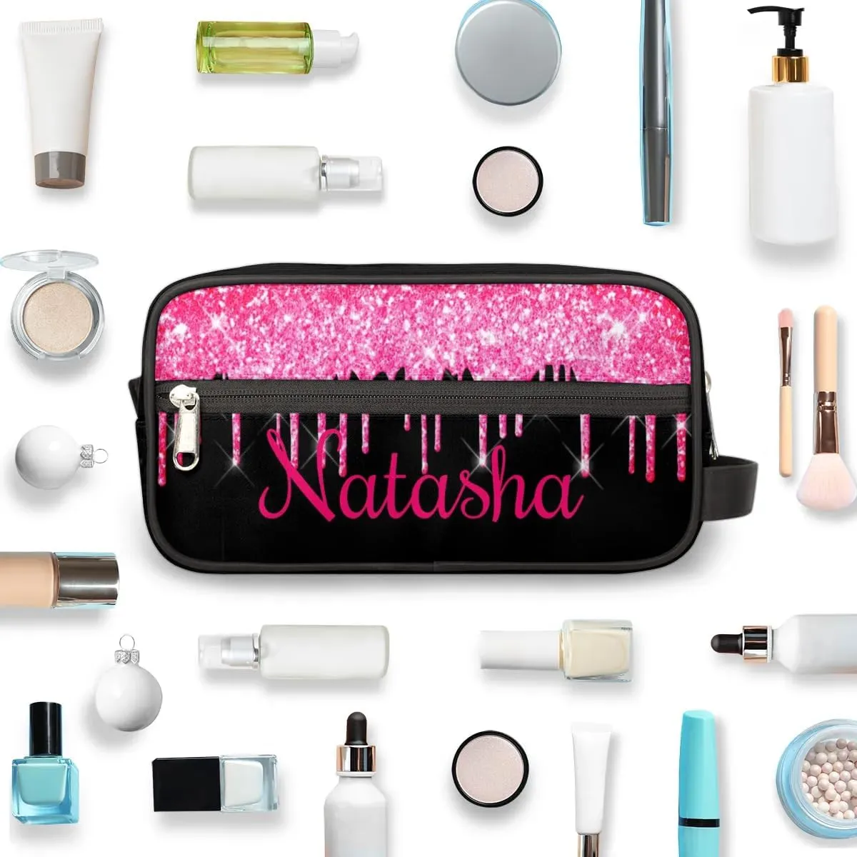 Personalized Gift Travel Makeup Bag for Women Girls, Cosmetic Bag Make Up Bag Organizer Toiletry Bag Christmas Birthday Mother's Day Gift Hot Pink Dripping