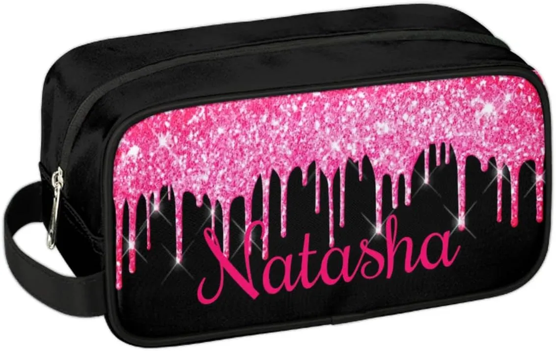 Personalized Gift Travel Makeup Bag for Women Girls, Cosmetic Bag Make Up Bag Organizer Toiletry Bag Christmas Birthday Mother's Day Gift Hot Pink Dripping