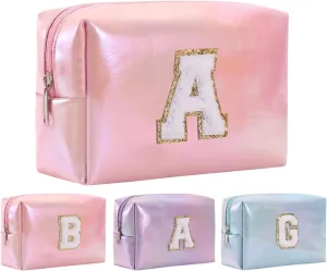 Personalized Initial Makeup Bag, Letter Zipper Cosmetic Bag for Womens, Preppy Makeup Bags, Glitter Waterproof Cute Makeup Pouch, Travel Makeup Bags for Mother's Day Birthday GiftsLetter A)