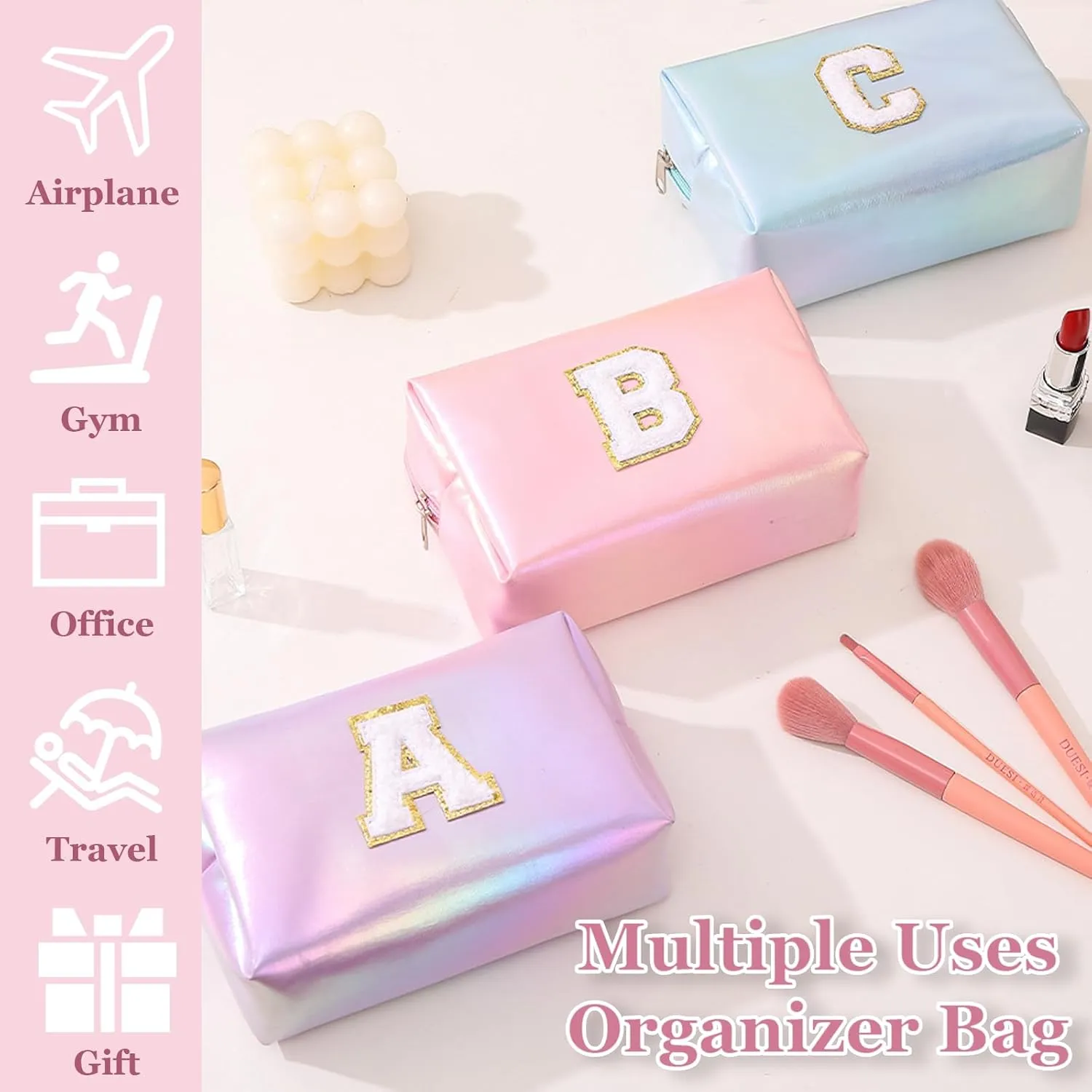 Personalized Initial Makeup Bag, Letter Zipper Cosmetic Bag for Womens, Preppy Makeup Bags, Glitter Waterproof Cute Makeup Pouch, Travel Makeup Bags for Mother's Day Birthday GiftsLetter A)