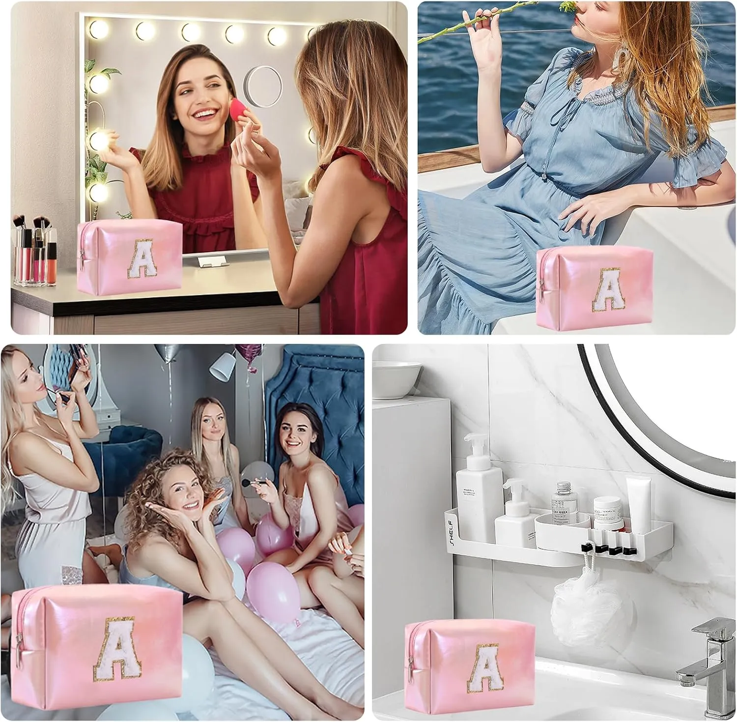 Personalized Initial Makeup Bag, Letter Zipper Cosmetic Bag for Womens, Preppy Makeup Bags, Glitter Waterproof Cute Makeup Pouch, Travel Makeup Bags for Mother's Day Birthday GiftsLetter A)