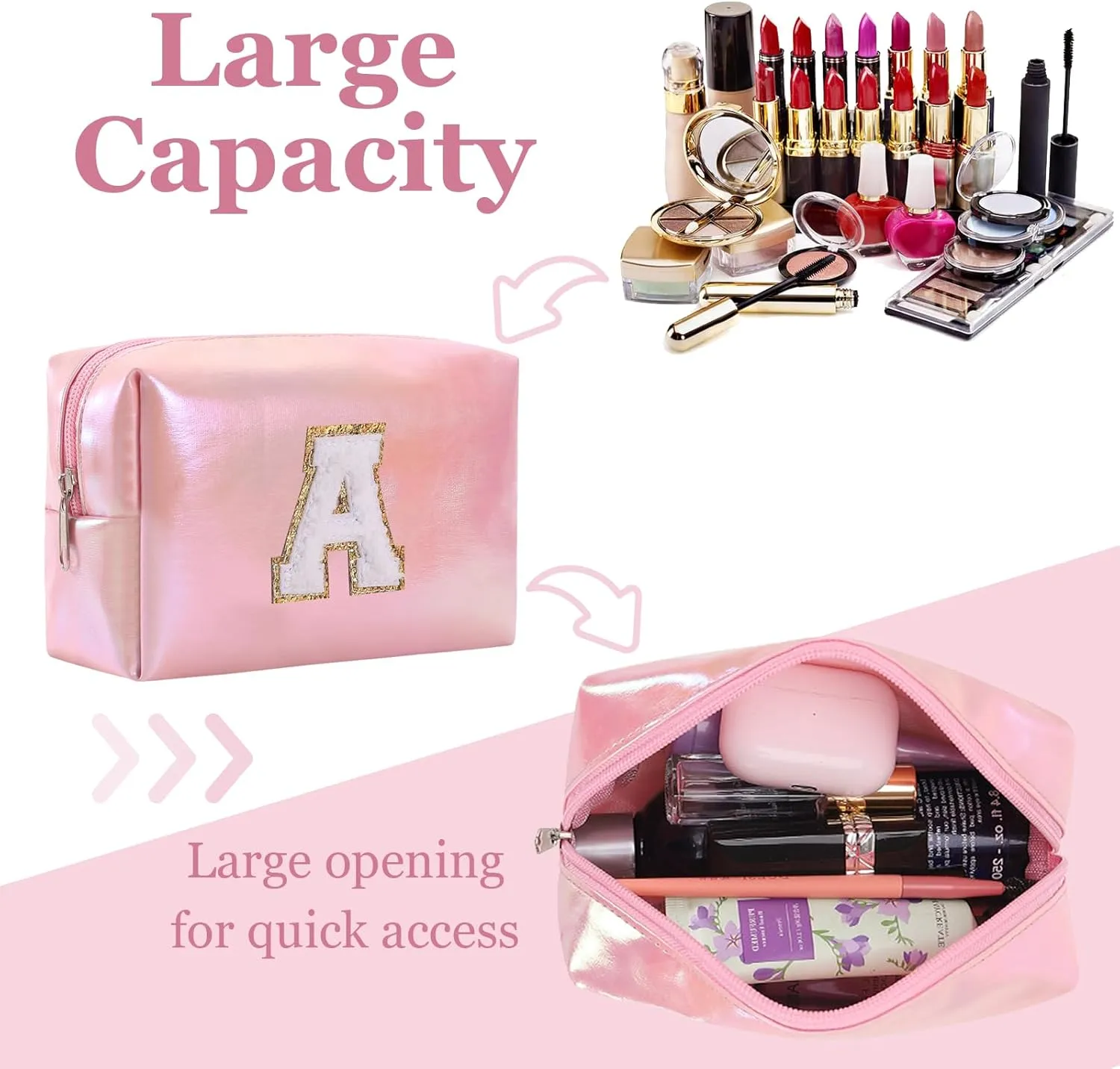 Personalized Initial Makeup Bag, Letter Zipper Cosmetic Bag for Womens, Preppy Makeup Bags, Glitter Waterproof Cute Makeup Pouch, Travel Makeup Bags for Mother's Day Birthday GiftsLetter A)