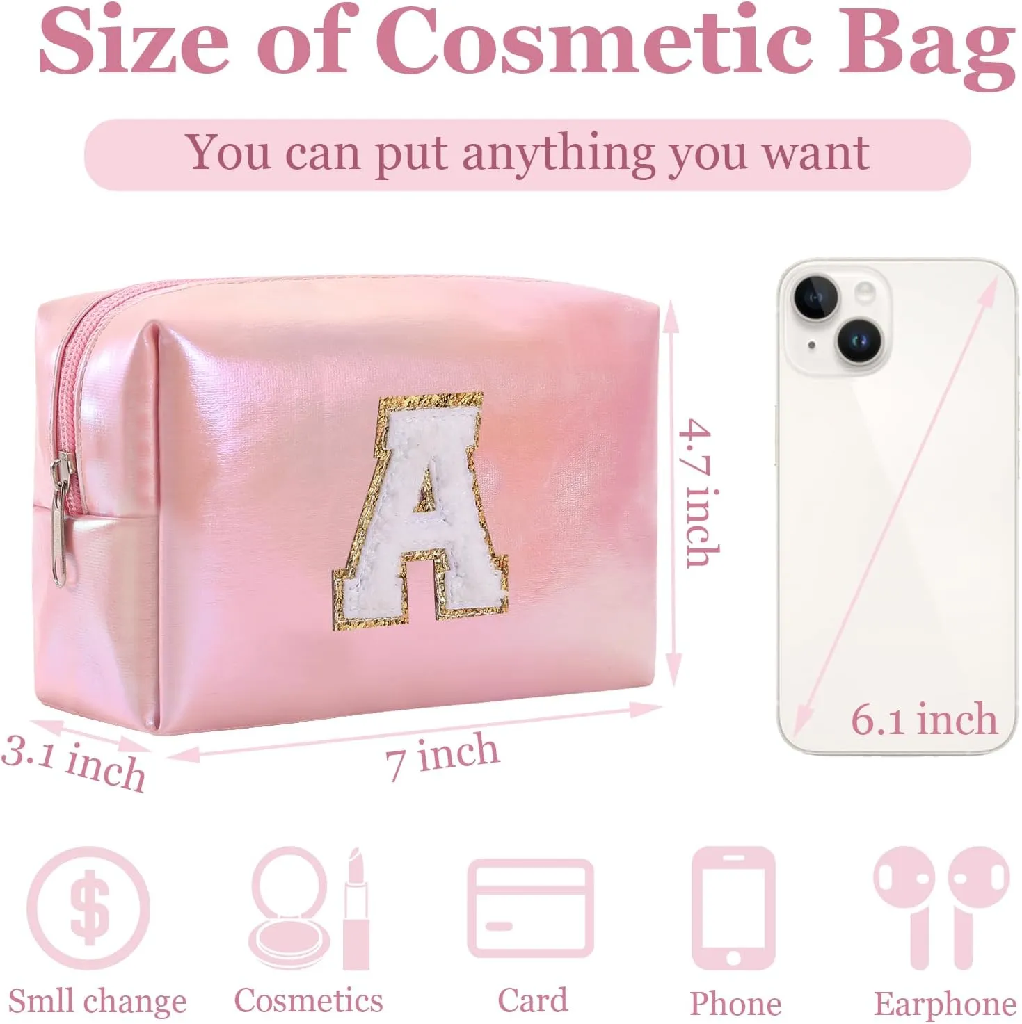 Personalized Initial Makeup Bag, Letter Zipper Cosmetic Bag for Womens, Preppy Makeup Bags, Glitter Waterproof Cute Makeup Pouch, Travel Makeup Bags for Mother's Day Birthday GiftsLetter A)