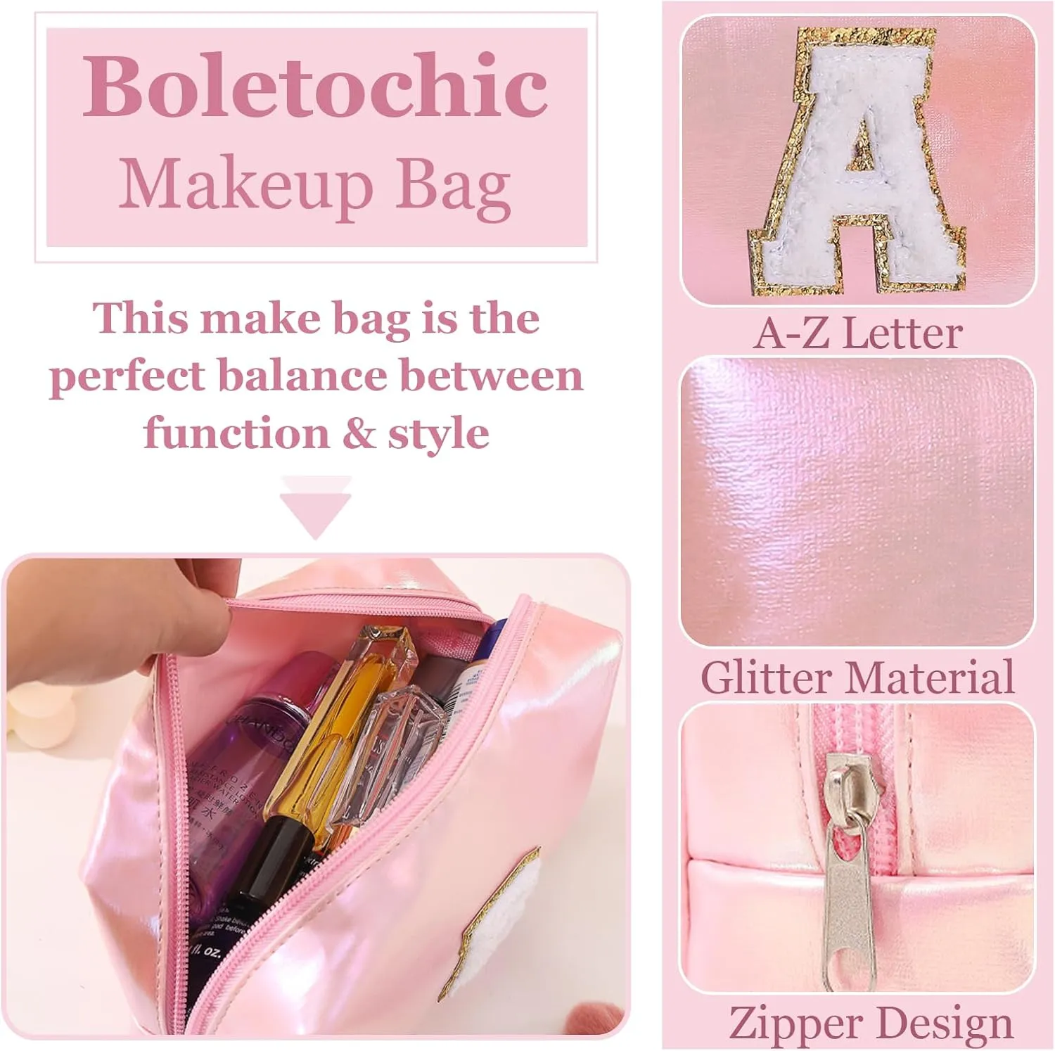 Personalized Initial Makeup Bag, Letter Zipper Cosmetic Bag for Womens, Preppy Makeup Bags, Glitter Waterproof Cute Makeup Pouch, Travel Makeup Bags for Mother's Day Birthday GiftsLetter A)