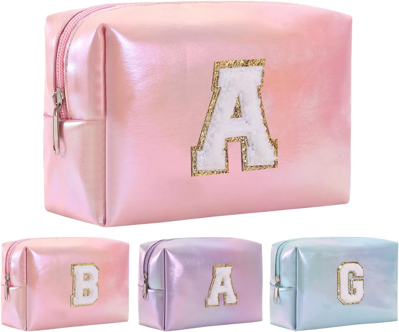 Personalized Initial Makeup Bag, Letter Zipper Cosmetic Bag for Womens, Preppy Makeup Bags, Glitter Waterproof Cute Makeup Pouch, Travel Makeup Bags for Mother's Day Birthday GiftsLetter A)