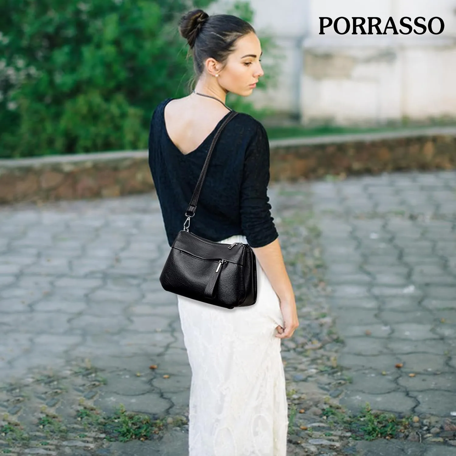 PORRASSO Elegant Crossbody Bag Women Shoulder Bag Handbag Ladies Satchel Messenger Bag for Dating Travel Daily Use Black