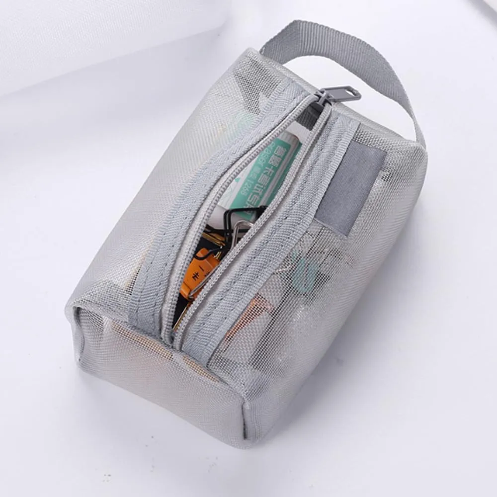 Portable Square Mesh Storage Bag, Mesh Makeup Bag with Zipper Cosmetic Bag, Small Square Coin Purse Portable Toiletry Bag (3Pcs Grey)