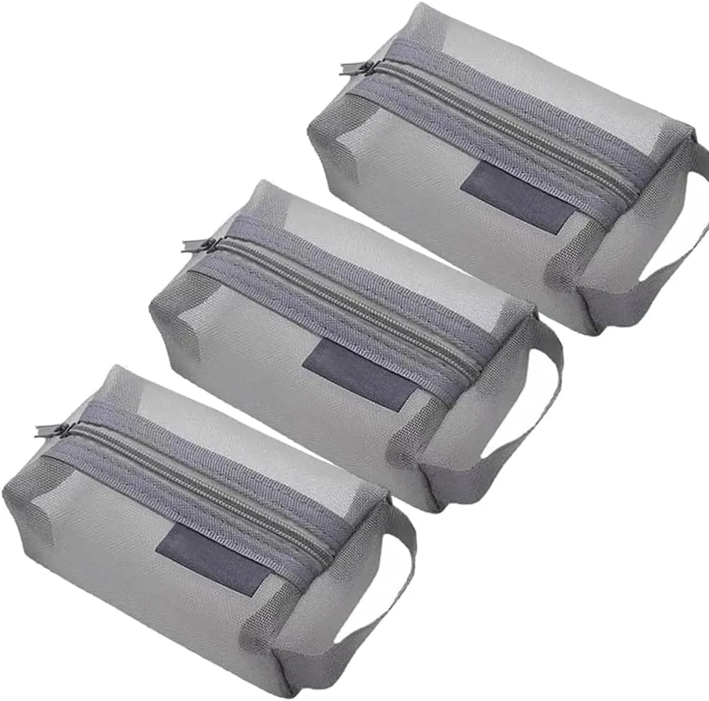 Portable Square Mesh Storage Bag, Mesh Makeup Bag with Zipper Cosmetic Bag, Small Square Coin Purse Portable Toiletry Bag (3Pcs Grey)