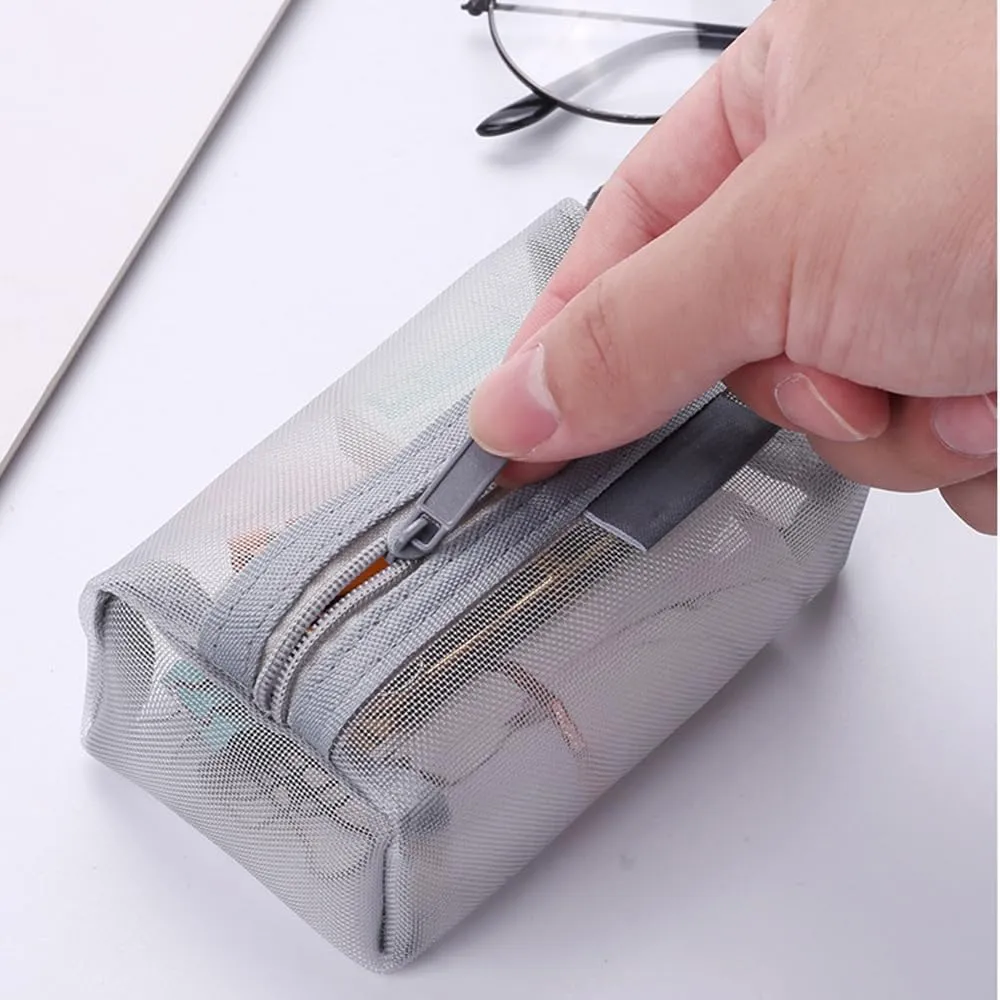 Portable Square Mesh Storage Bag, Mesh Makeup Bag with Zipper Cosmetic Bag, Small Square Coin Purse Portable Toiletry Bag (3Pcs Grey)