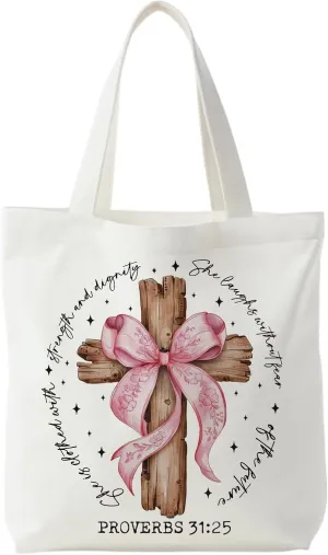 Proverbs 31 Woman Gifts, Coquette Pink Bow Cross Christian Tote Bag, Christian Gifts for Women, Proverbs 31:25 Bible Verses Canvas Tote Bags for Women, Reusable Grocery Bags Shopping Bags