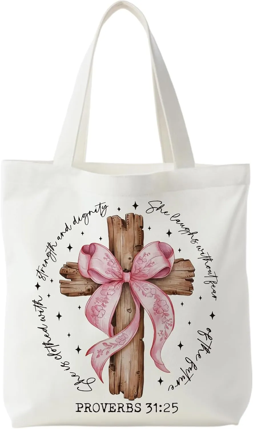 Proverbs 31 Woman Gifts, Coquette Pink Bow Cross Christian Tote Bag, Christian Gifts for Women, Proverbs 31:25 Bible Verses Canvas Tote Bags for Women, Reusable Grocery Bags Shopping Bags