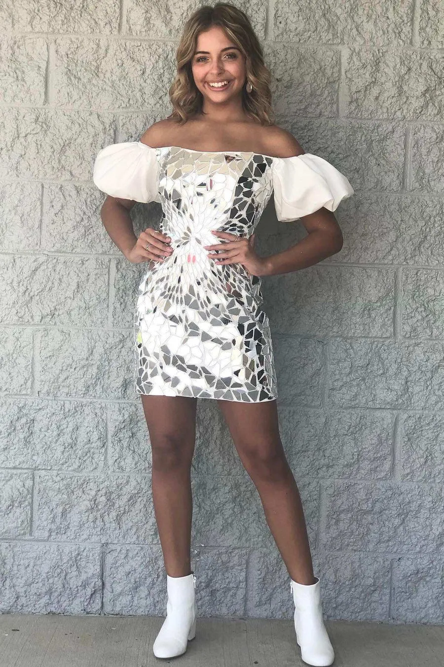 Puff Sleeve Silver Cut Glass Mirror Short Homecoming Dress #TKL0132