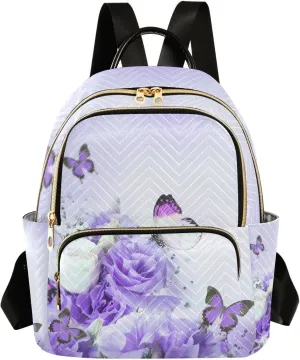 Purple Butterfly and Rose Flowers Women Travel Laptop Backpack Fashion Daypack Ladies Shoulder Bag for Casual Work