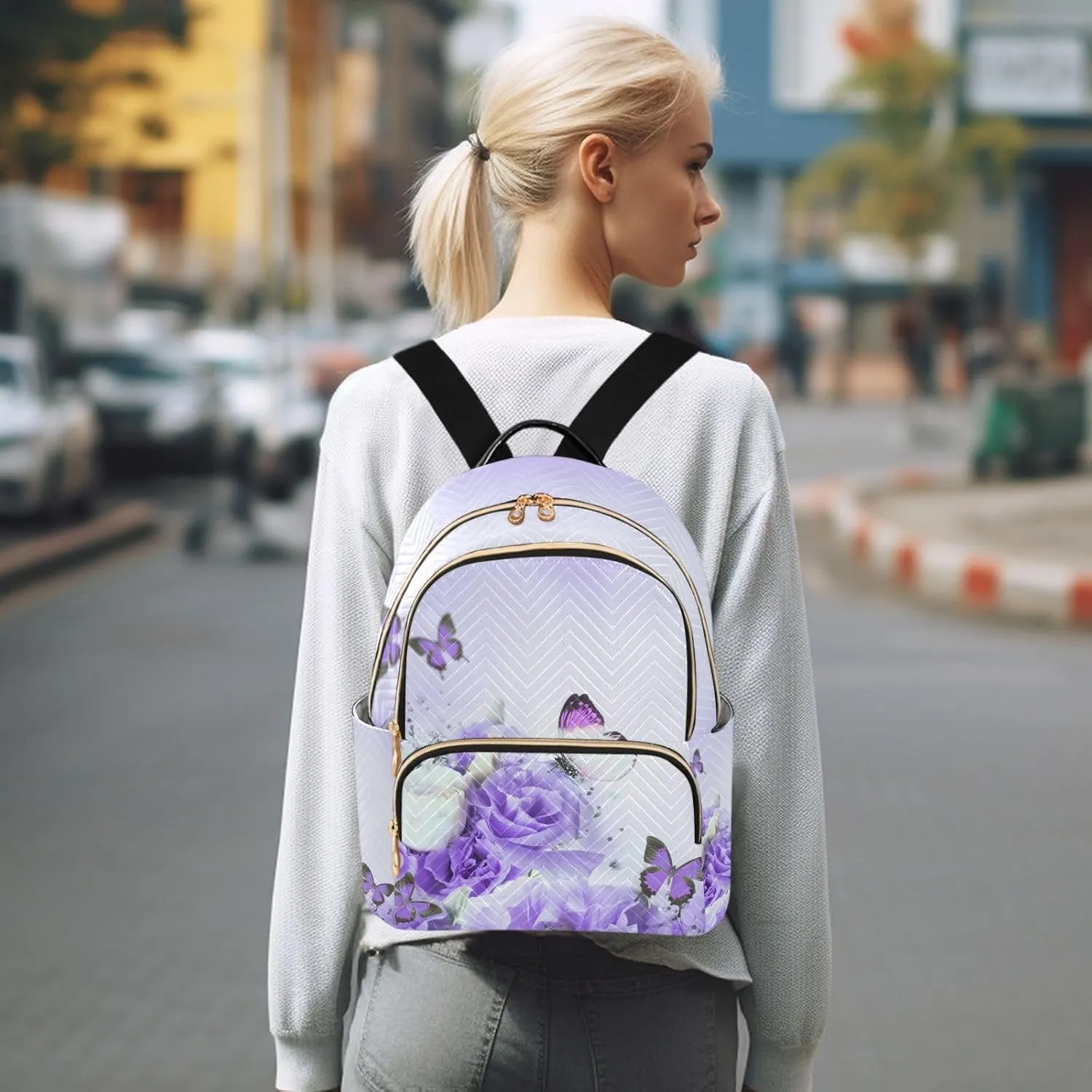Purple Butterfly and Rose Flowers Women Travel Laptop Backpack Fashion Daypack Ladies Shoulder Bag for Casual Work