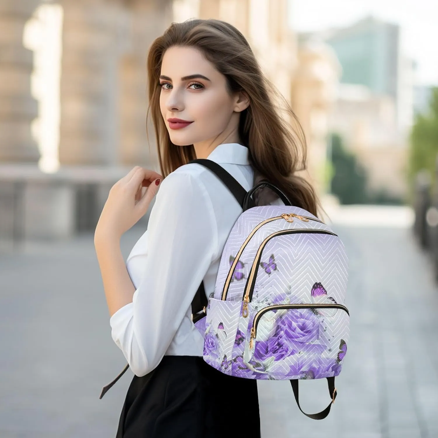 Purple Butterfly and Rose Flowers Women Travel Laptop Backpack Fashion Daypack Ladies Shoulder Bag for Casual Work
