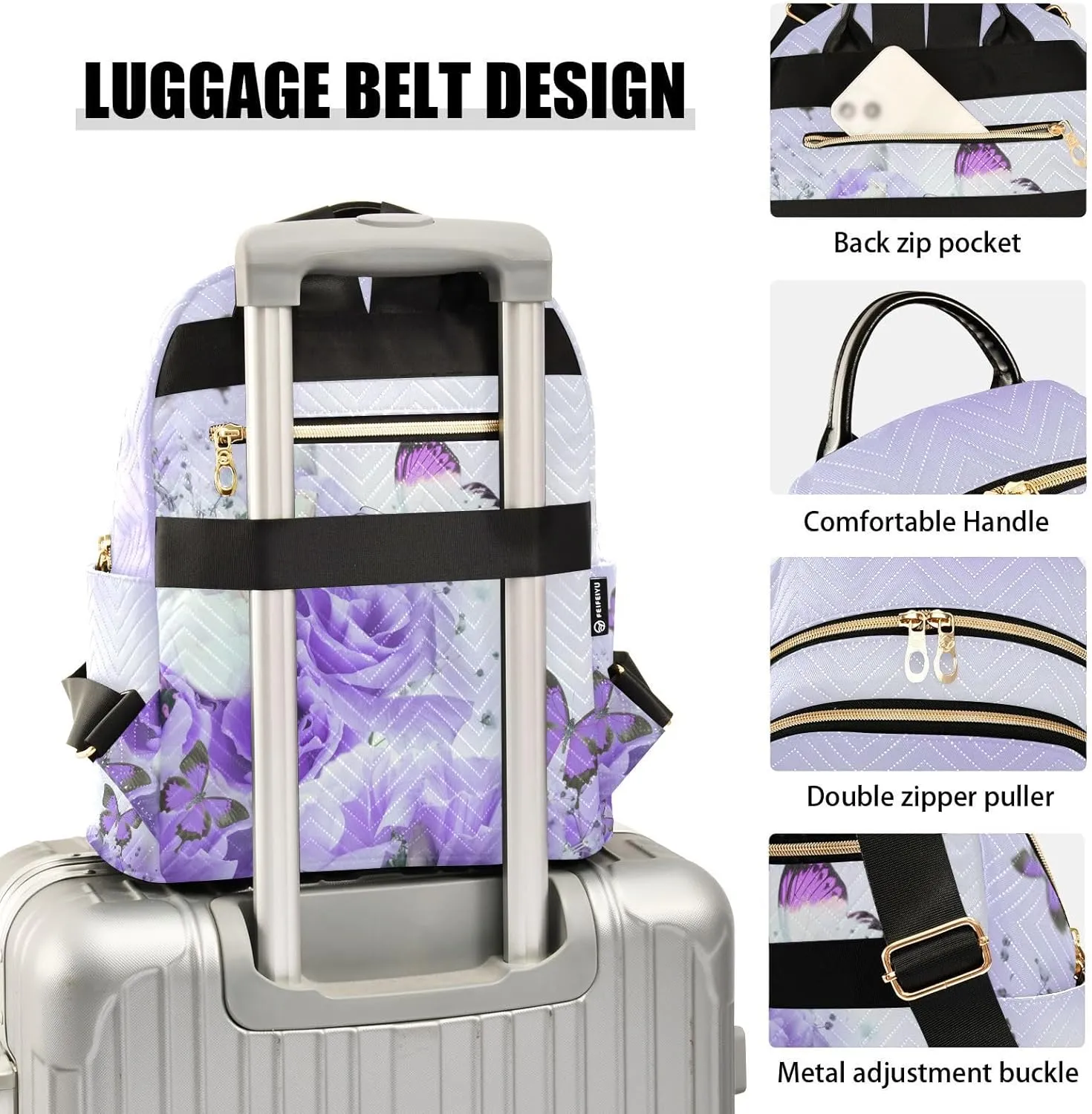 Purple Butterfly and Rose Flowers Women Travel Laptop Backpack Fashion Daypack Ladies Shoulder Bag for Casual Work