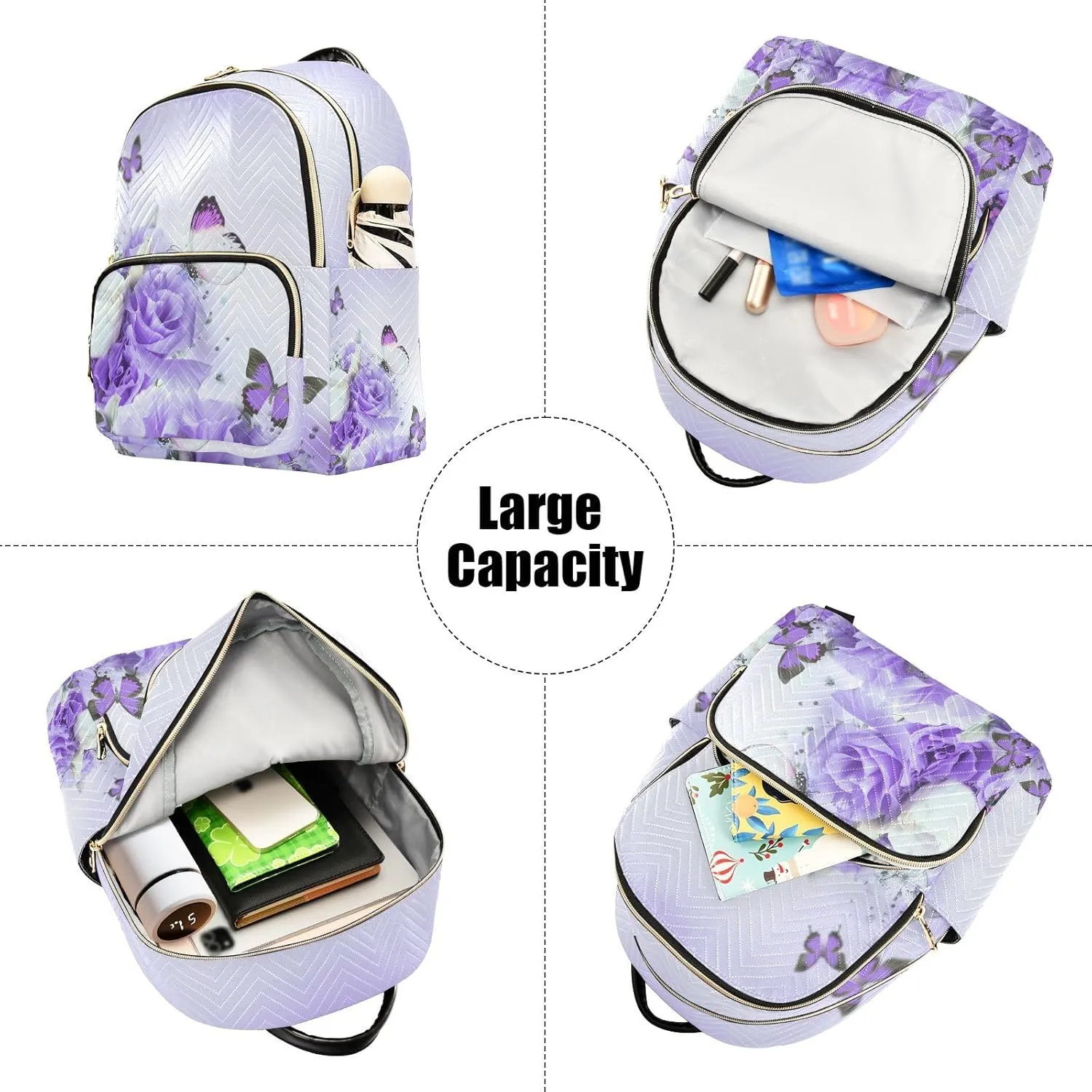 Purple Butterfly and Rose Flowers Women Travel Laptop Backpack Fashion Daypack Ladies Shoulder Bag for Casual Work
