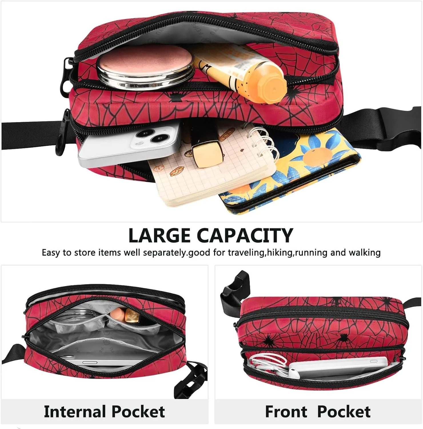 Red with Black Webs Belt Bags Everywhere Belt Bag with Adjustable Strap Waterproof Crossbody Bags for Women