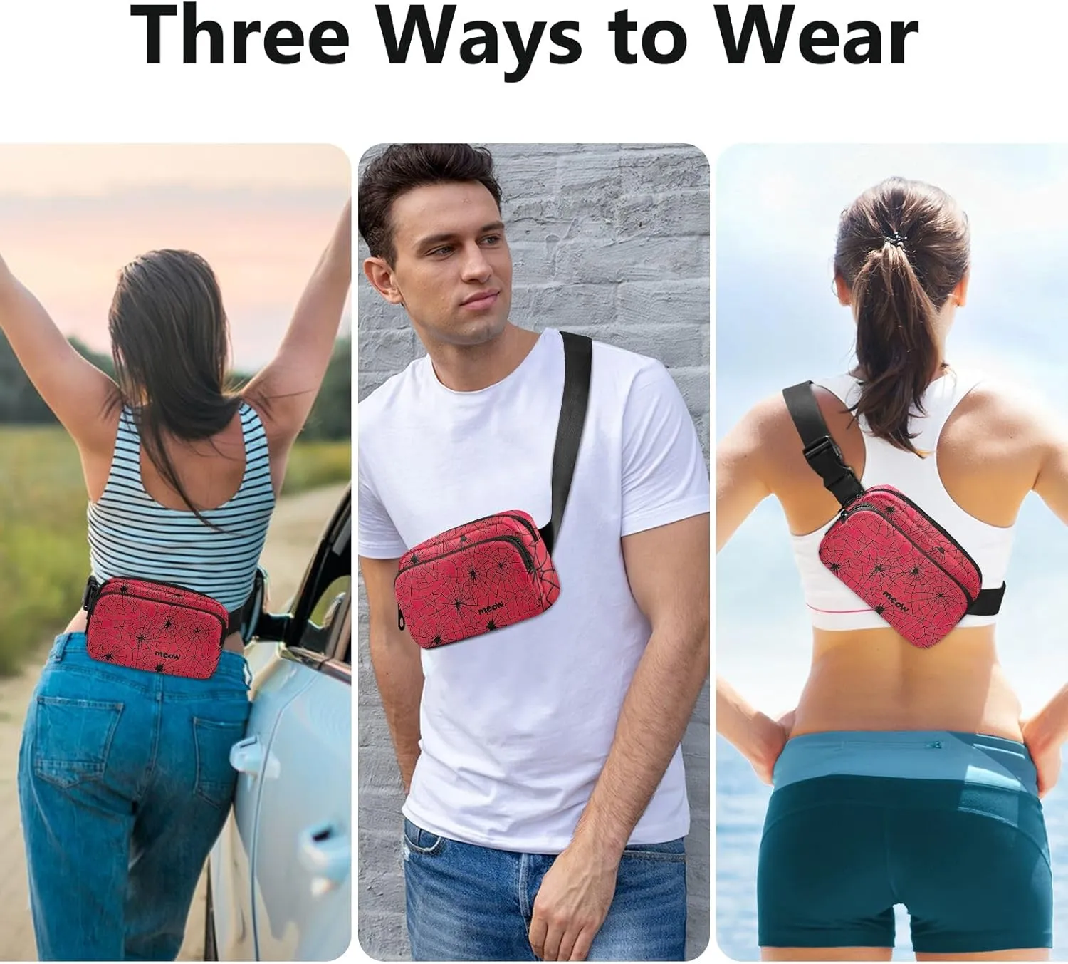 Red with Black Webs Belt Bags Everywhere Belt Bag with Adjustable Strap Waterproof Crossbody Bags for Women