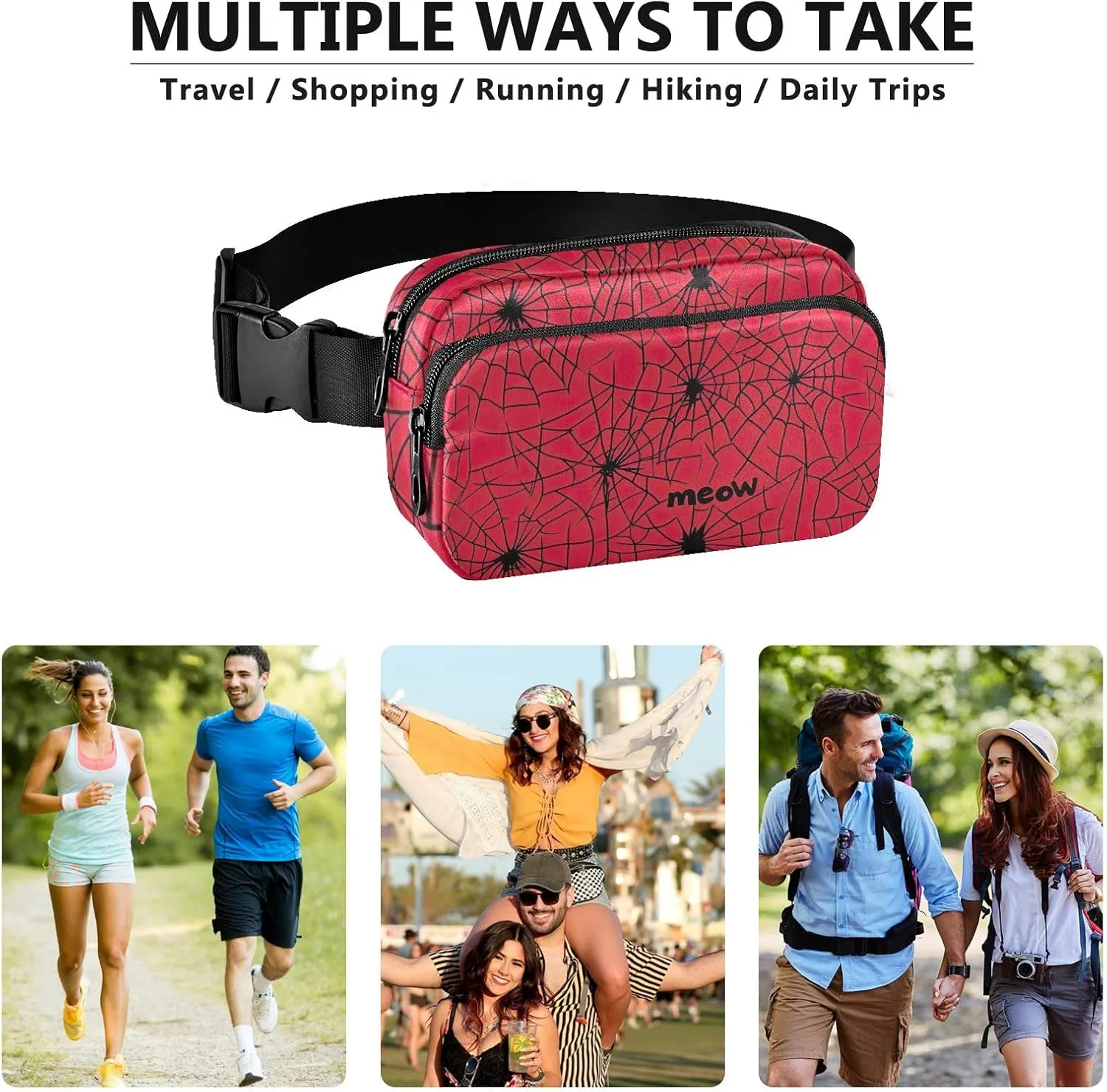Red with Black Webs Belt Bags Everywhere Belt Bag with Adjustable Strap Waterproof Crossbody Bags for Women