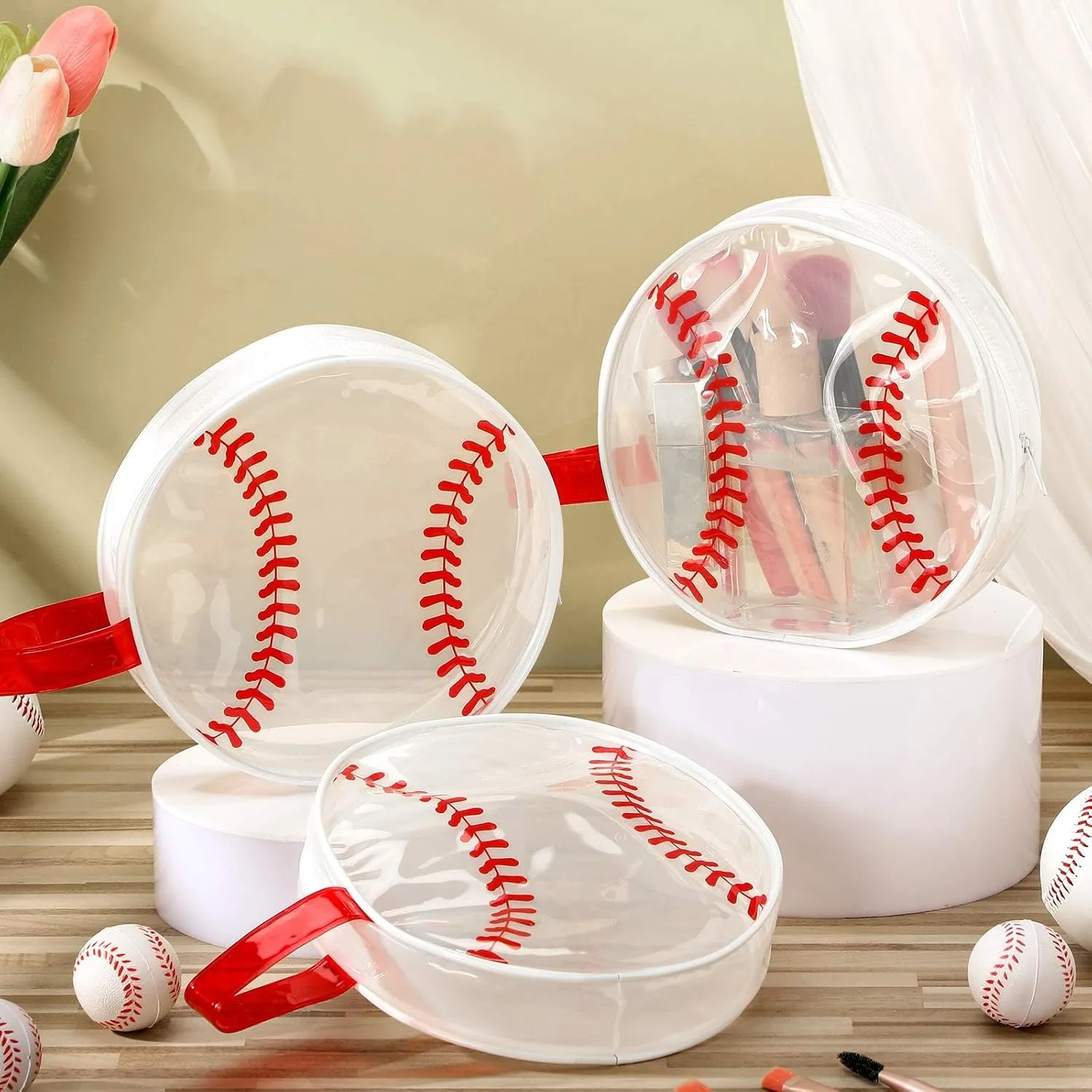 Reginary 12 Pcs Baseball Cosmetic Bag Gifts Accessories for Makeup Bags PVC Clear Cheer Base Ball Case Toiletry Zipper Pouch Waterproof Travel Handbag Purses Organizer for Baseball Team Gift