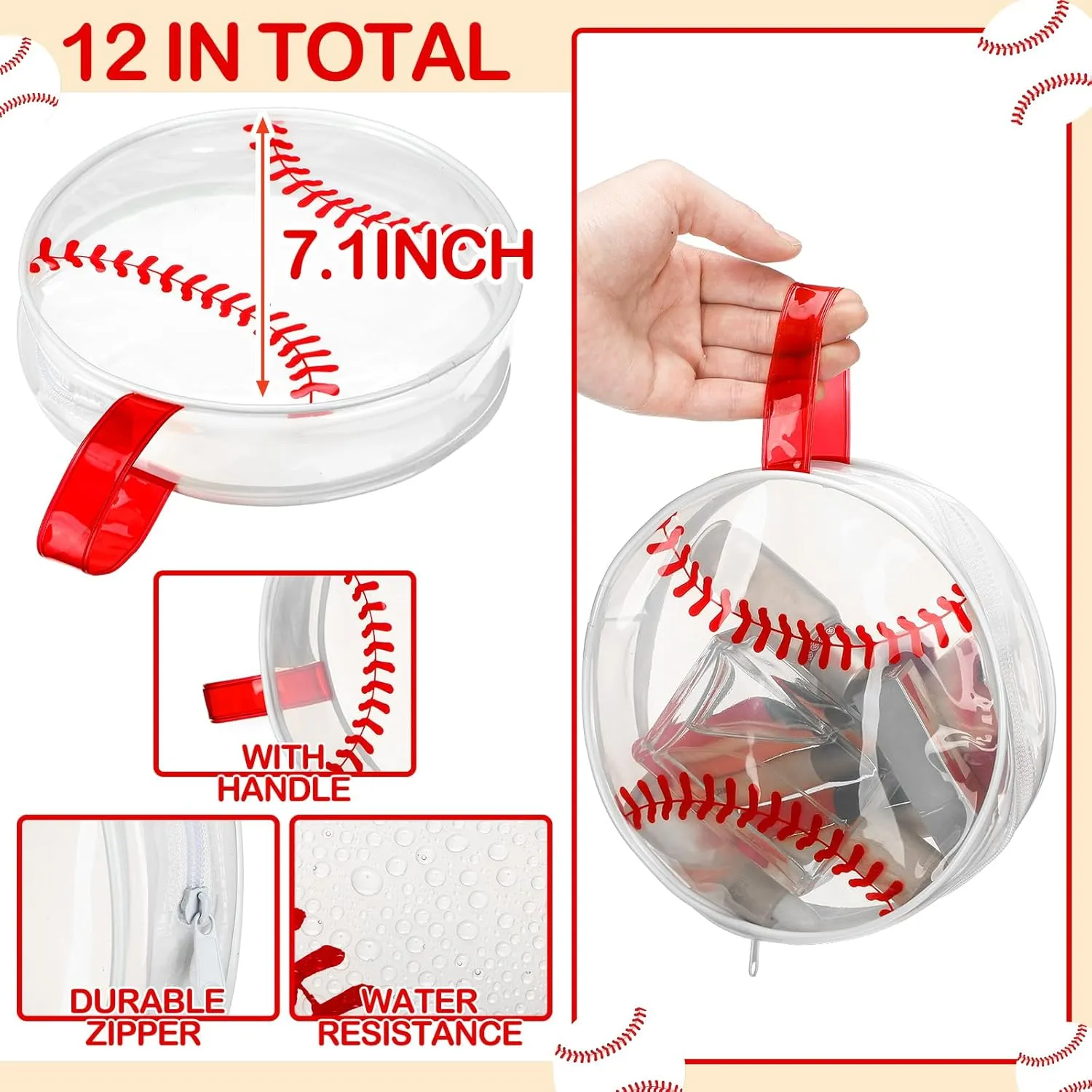 Reginary 12 Pcs Baseball Cosmetic Bag Gifts Accessories for Makeup Bags PVC Clear Cheer Base Ball Case Toiletry Zipper Pouch Waterproof Travel Handbag Purses Organizer for Baseball Team Gift