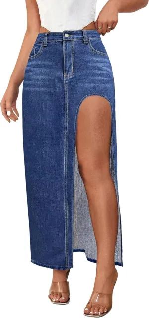 Ru Sweet Womens Casual High Split Denim Maxi Jean Skirt Stretch Waist Frayed Button Up with Pockets