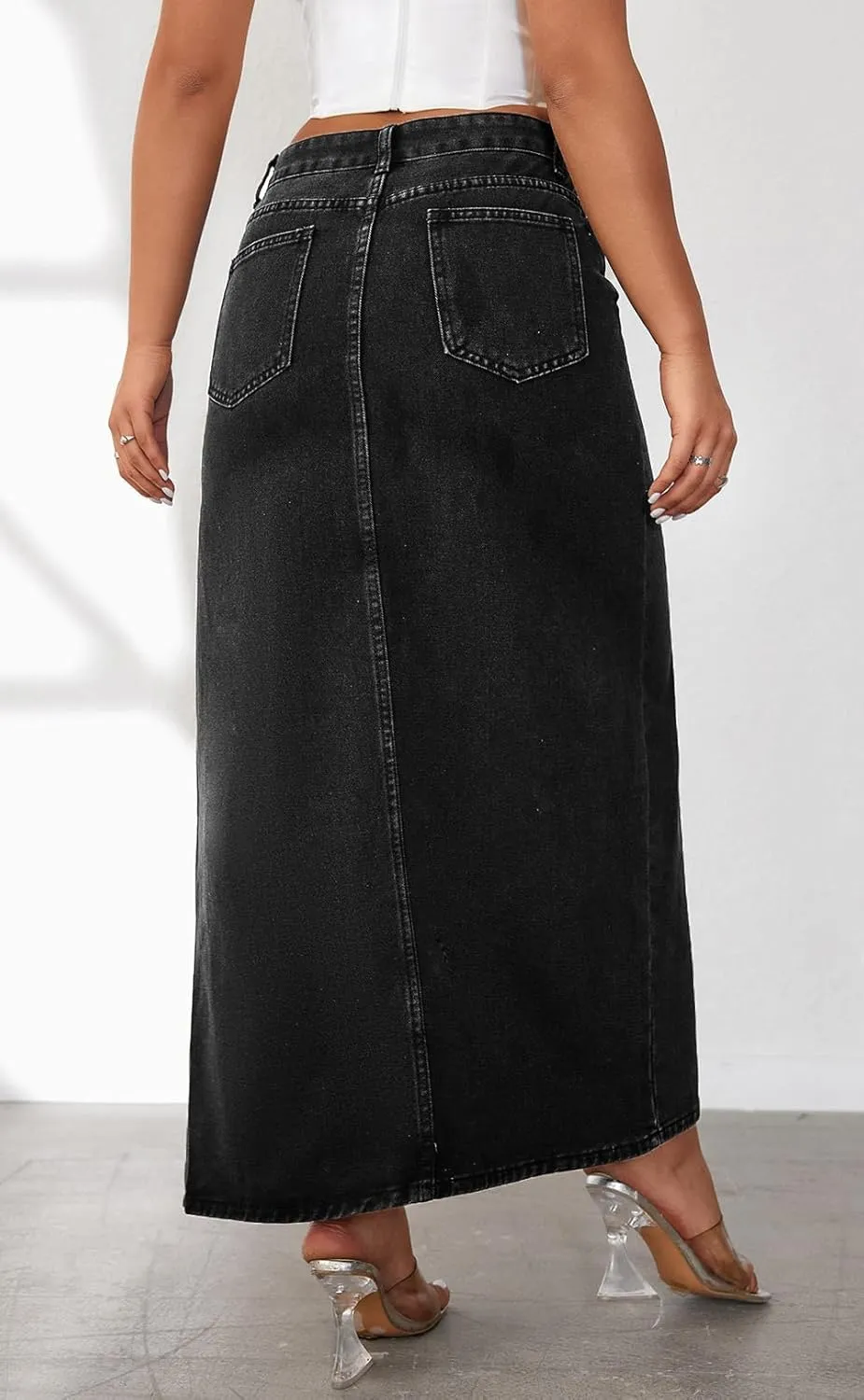 Ru Sweet Womens Casual High Split Denim Maxi Jean Skirt Stretch Waist Frayed Button Up with Pockets